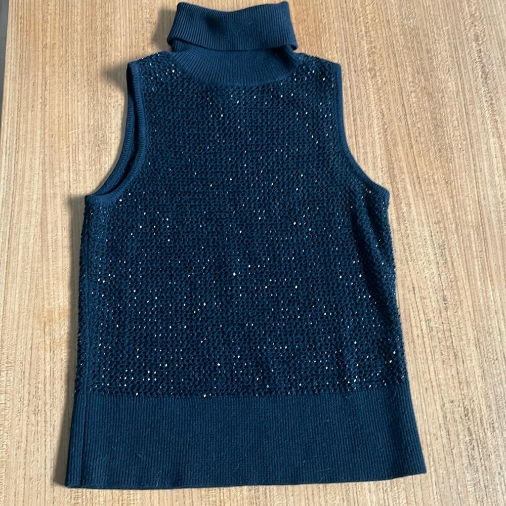 Valerie Stevens Black Beaded Open Knit Sleeveless Top, Merino Wool, beaded, Sz M